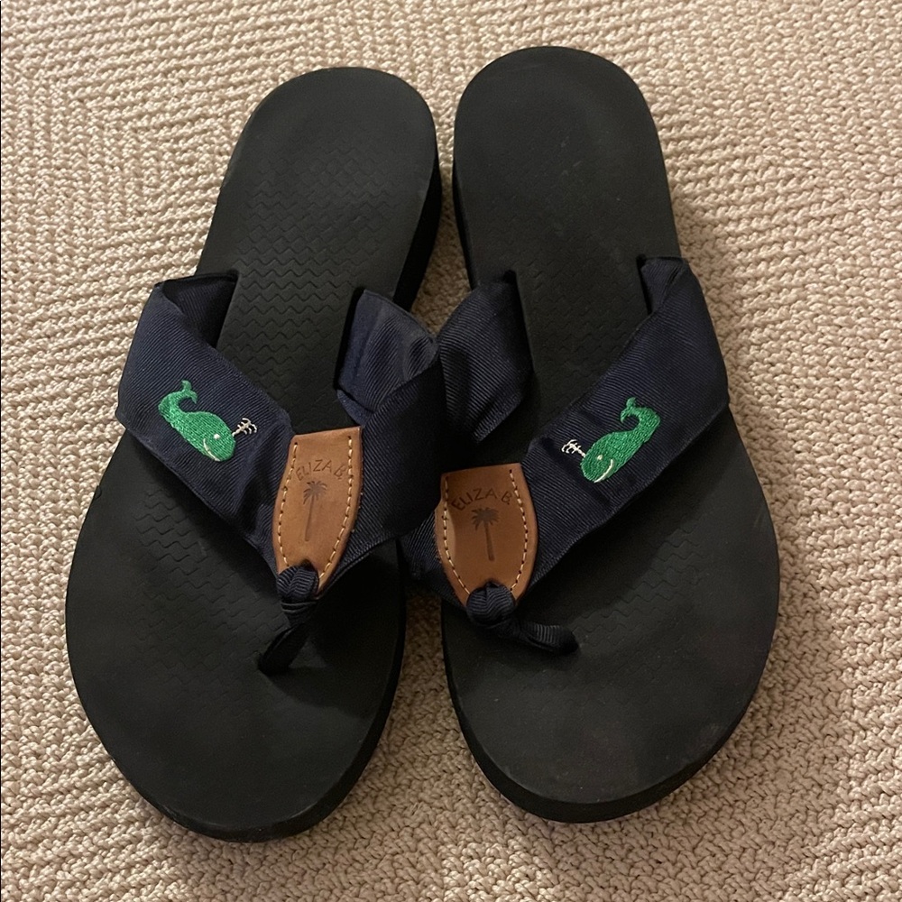 Women's Sandals with navy ribbon strap and green embroidered whale